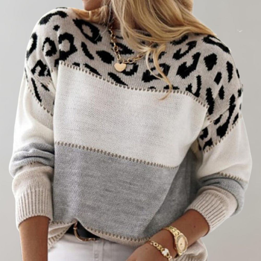 Women’s Leopard Print Jumper with Long Sleeves and Ribbed Hem