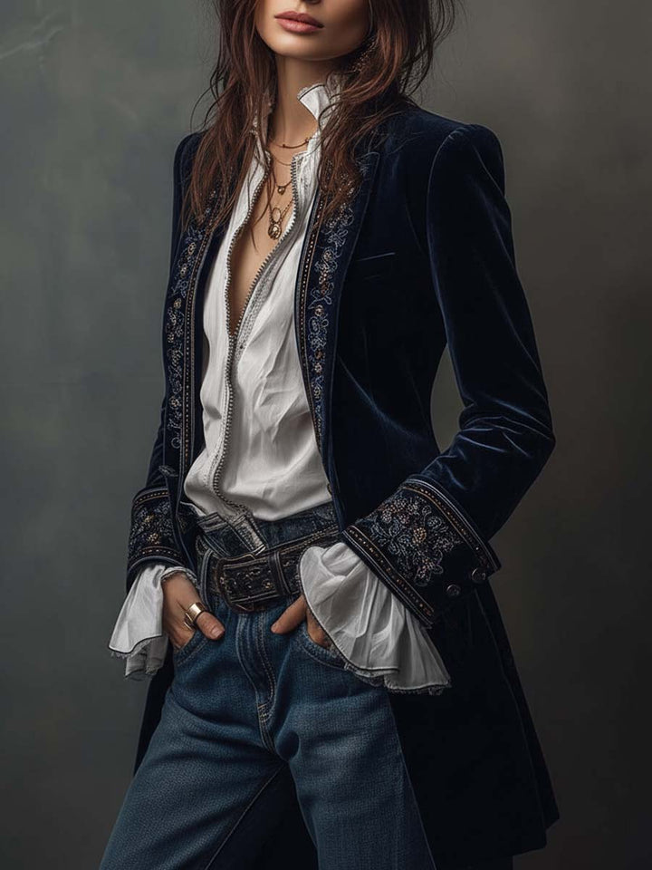 Women’s Long Jacket with Embroidered Floral Design and Metallic Accents