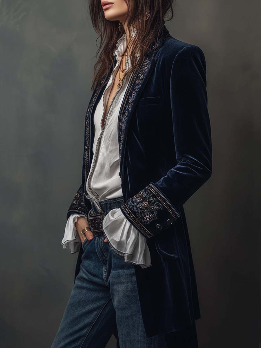 Women’s Long Jacket with Embroidered Floral Design and Metallic Accents