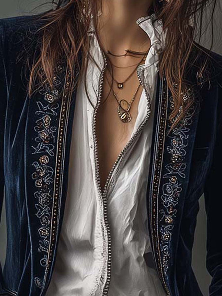 Women’s Long Jacket with Embroidered Floral Design and Metallic Accents