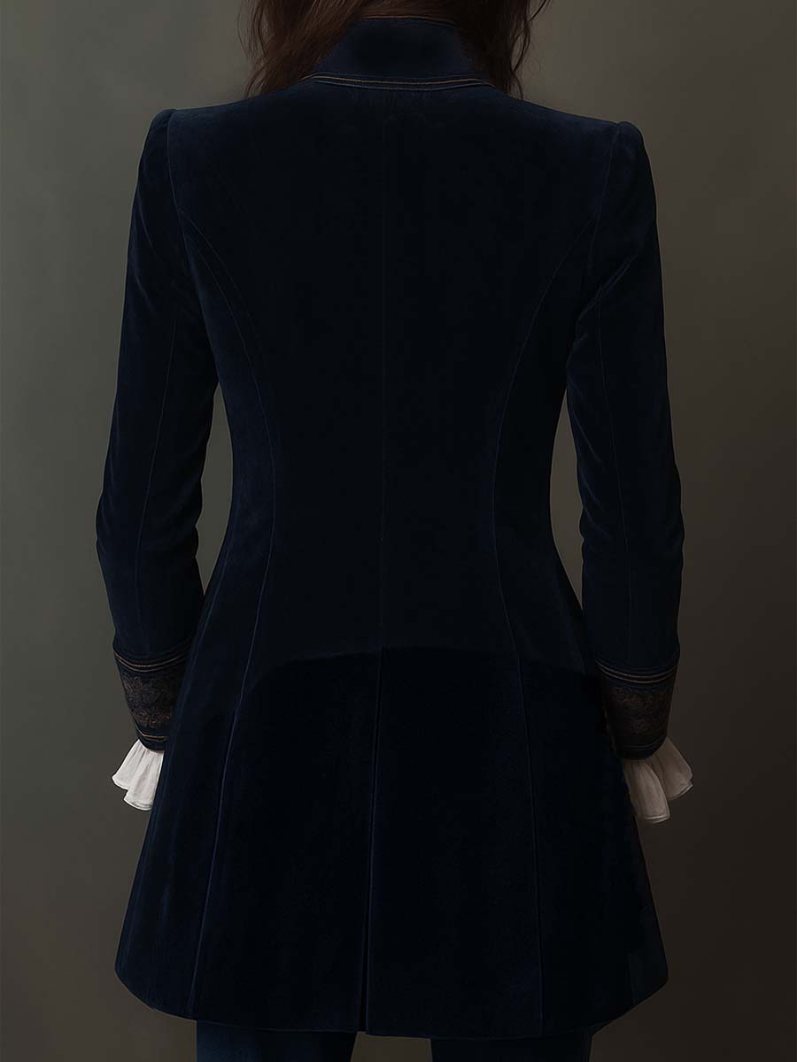 Women’s Long Jacket with Embroidered Floral Design and Metallic Accents
