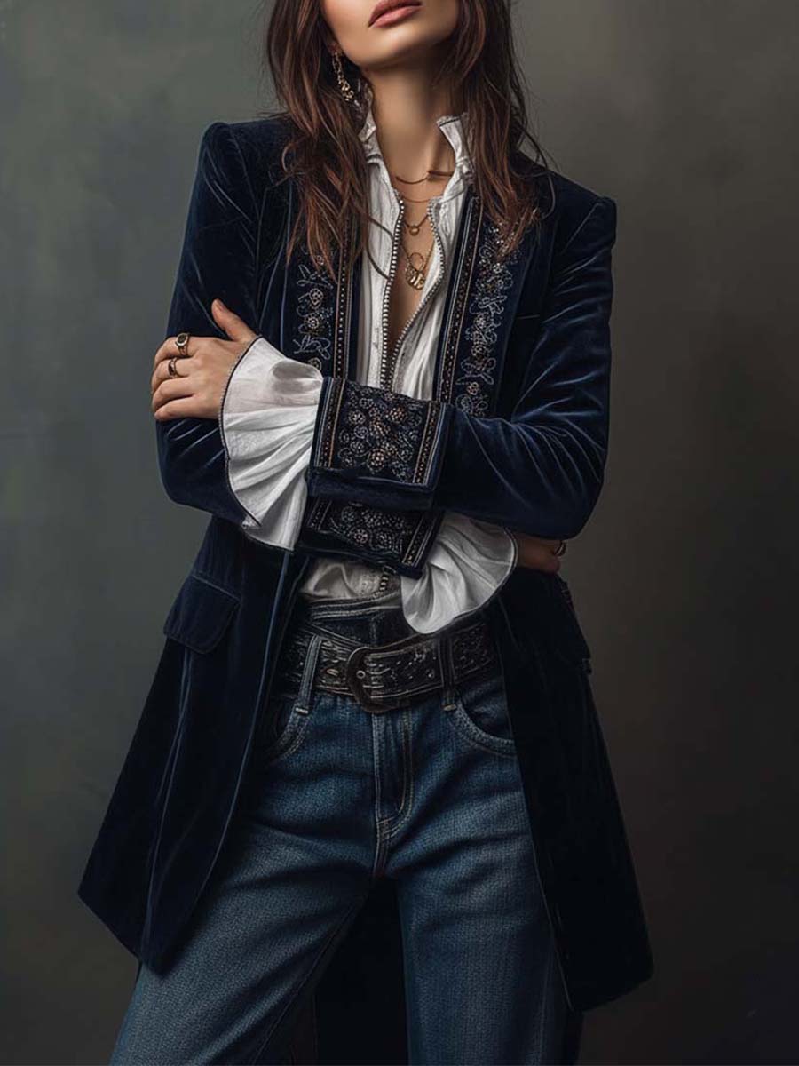 Women’s Long Jacket with Embroidered Floral Design and Metallic Accents