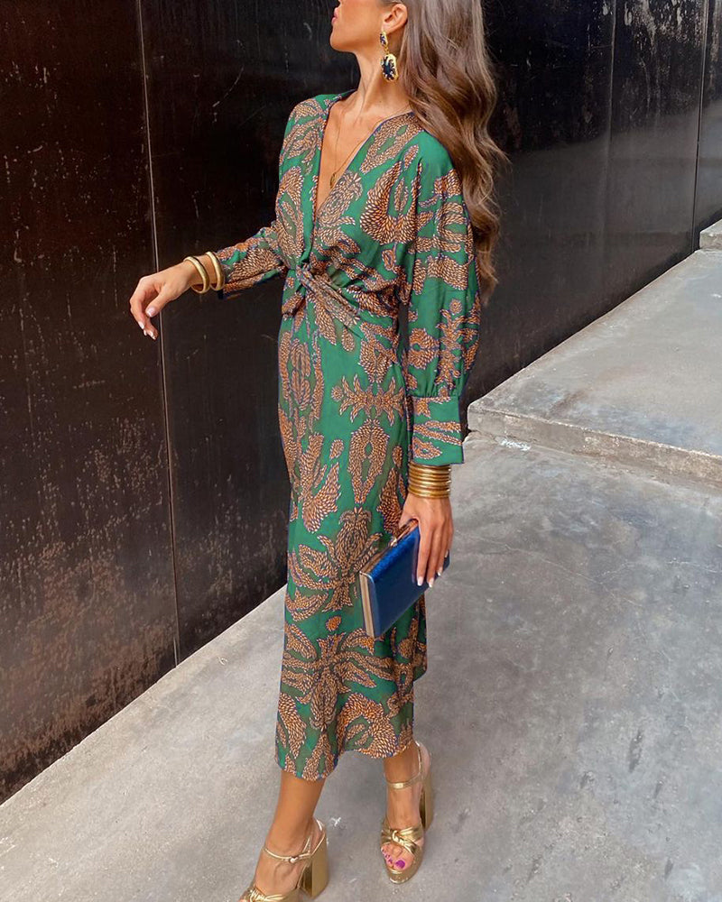 Women’s Long Sleeve V-Neck Boho Summer Dress with Maxi Length
