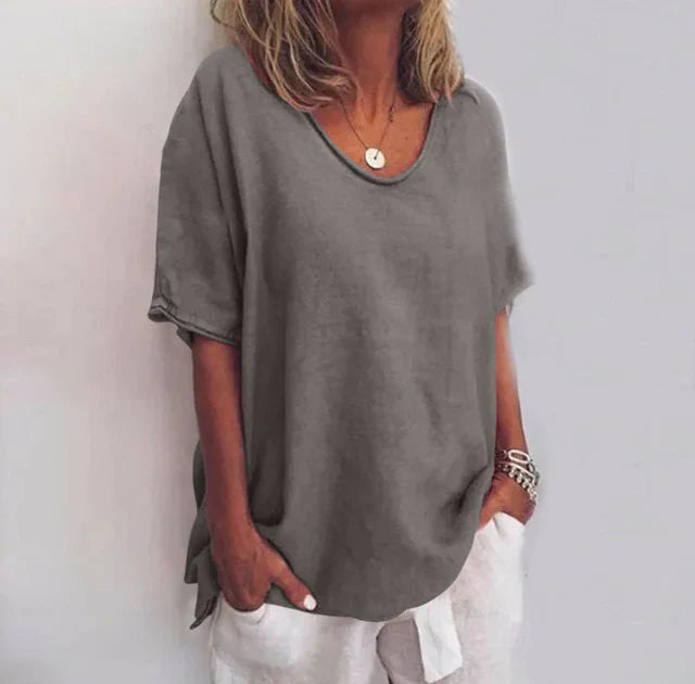 Women’s Loose Blouse with V-Neck and Short Sleeves