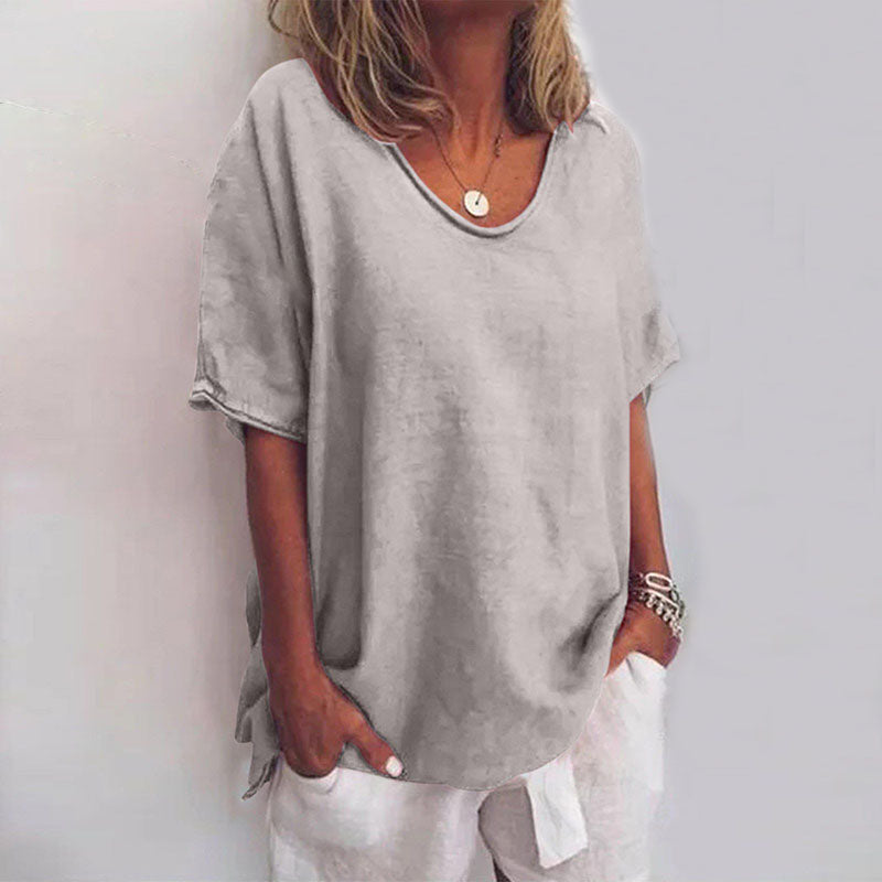 Women’s Loose Blouse with V-Neck and Short Sleeves