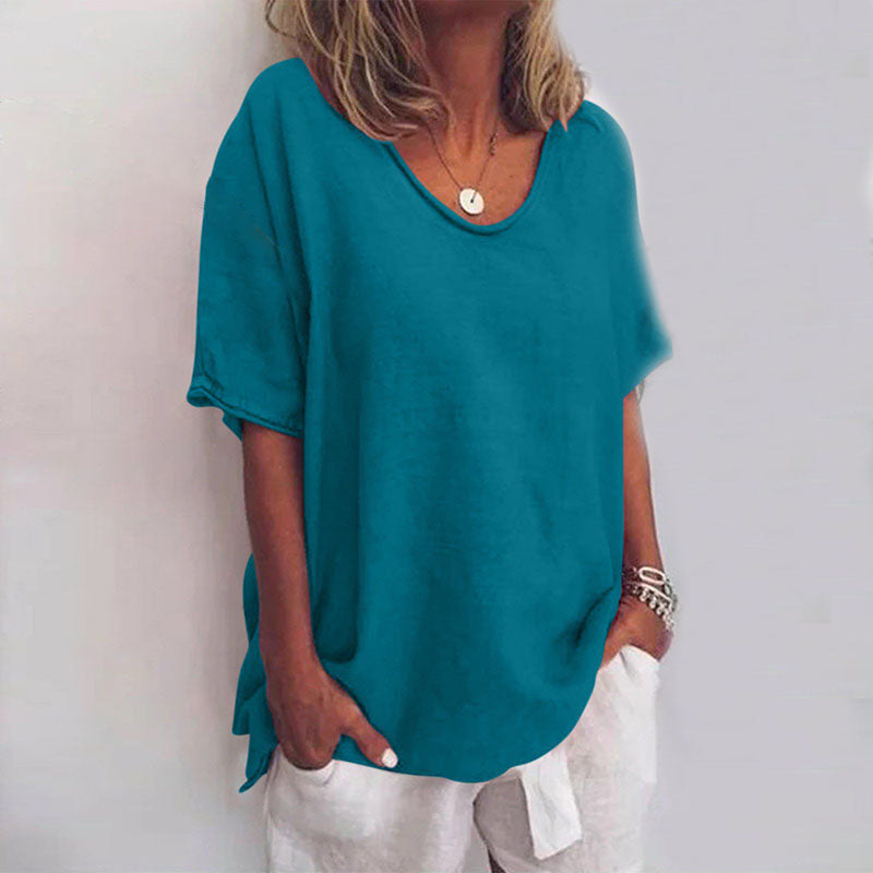 Women’s Loose Blouse with V-Neck and Short Sleeves