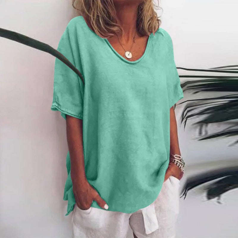 Women’s Loose Blouse with V-Neck and Short Sleeves