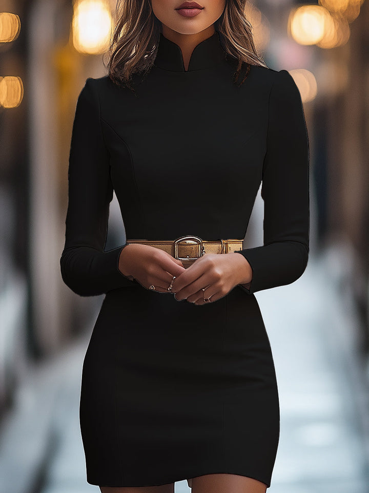 Women’s Mandarin Collar Dress with Belt Design and Button Closure