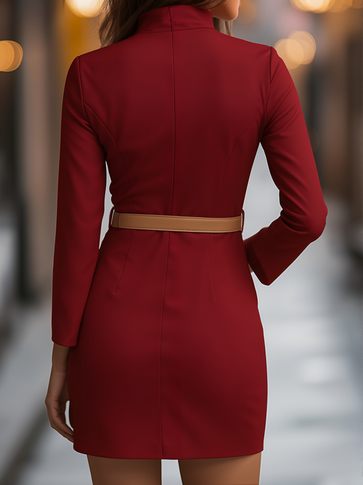 Women’s Mandarin Collar Dress with Belt Design and Button Closure