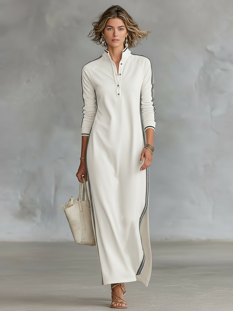 Womens Maxi Dress with Button‑Down Collar and White Trim