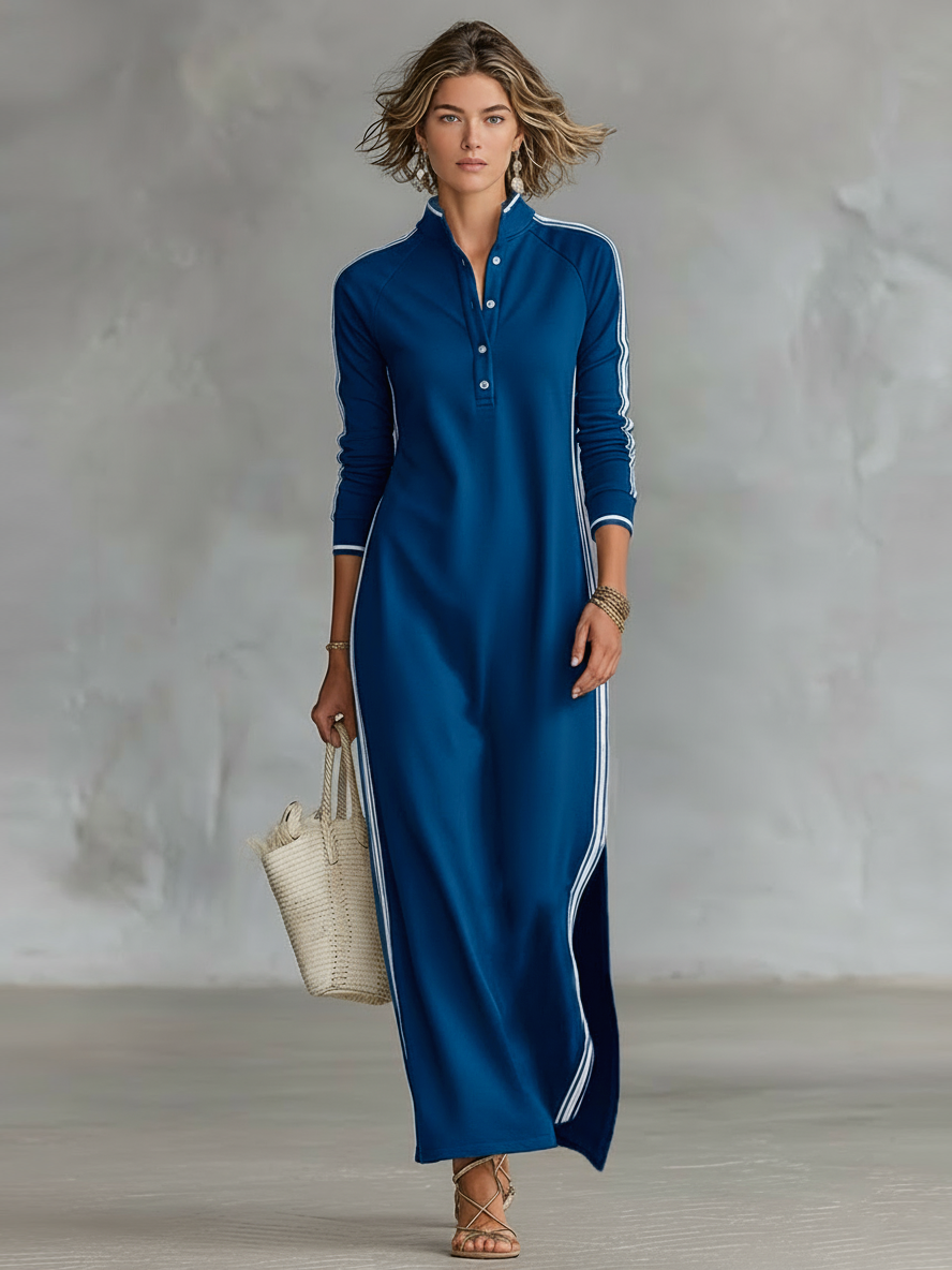 Womens Maxi Dress with Button‑Down Collar and White Trim