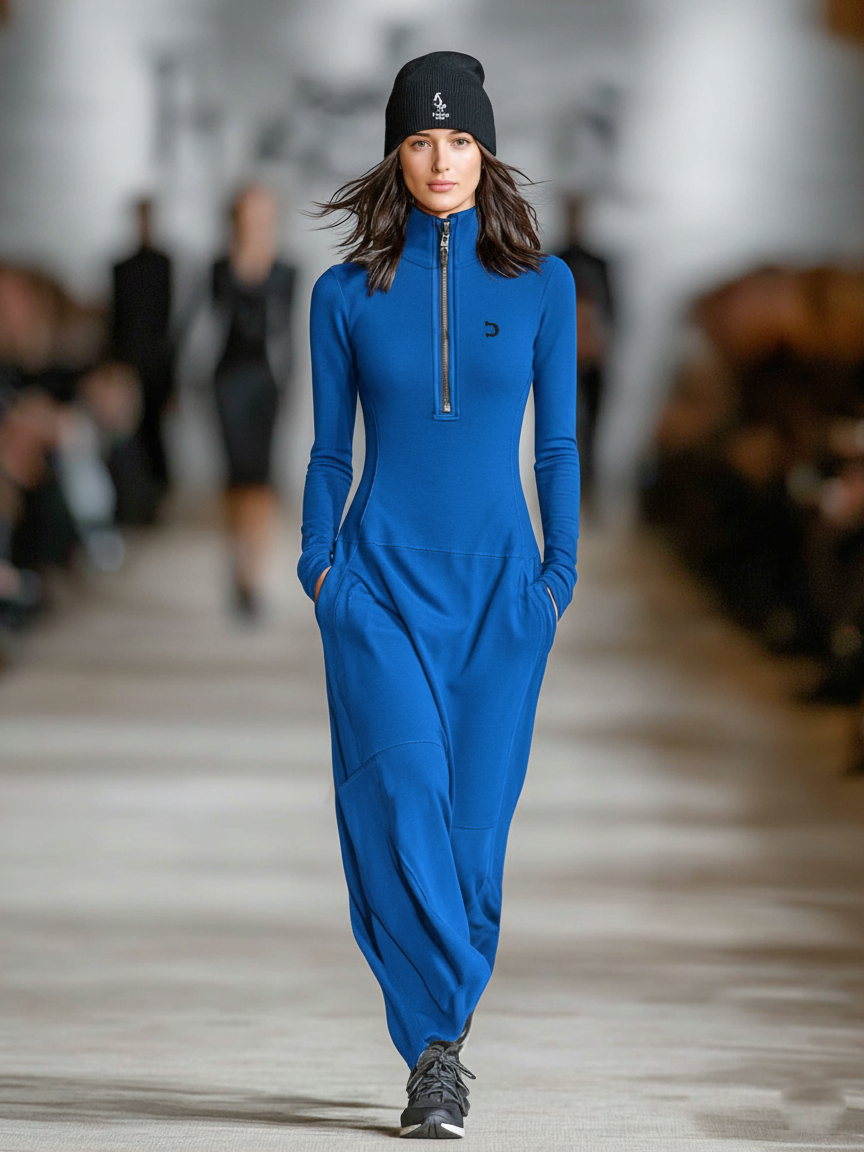 Women’s Maxi Dress with Half‑High Collar and Zipper Closure