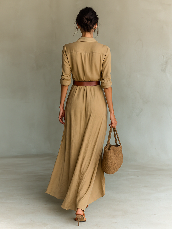 Womens Maxi Dress with Lapel Collar and Belted Waist