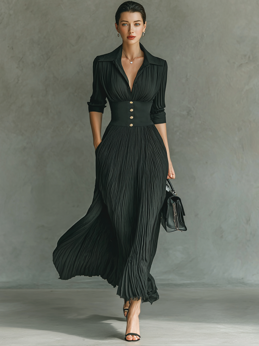 Womens Maxi Dress with Lapel Collar and Pleated Waist