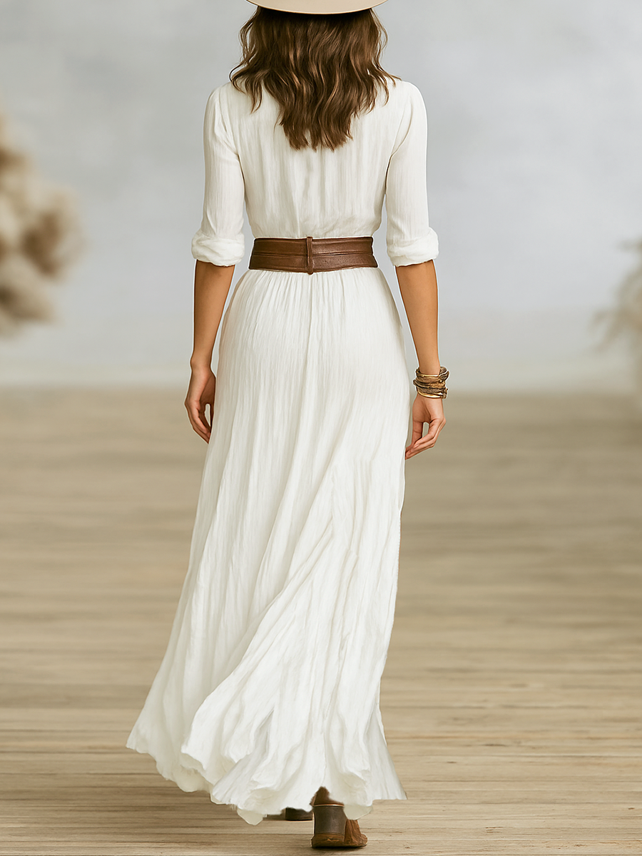 Womens Maxi Dress with Pleated Design and Lapel Collar