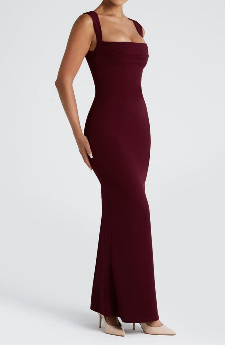 Women’s Maxi Dress with Square Neckline and Pleated Bust