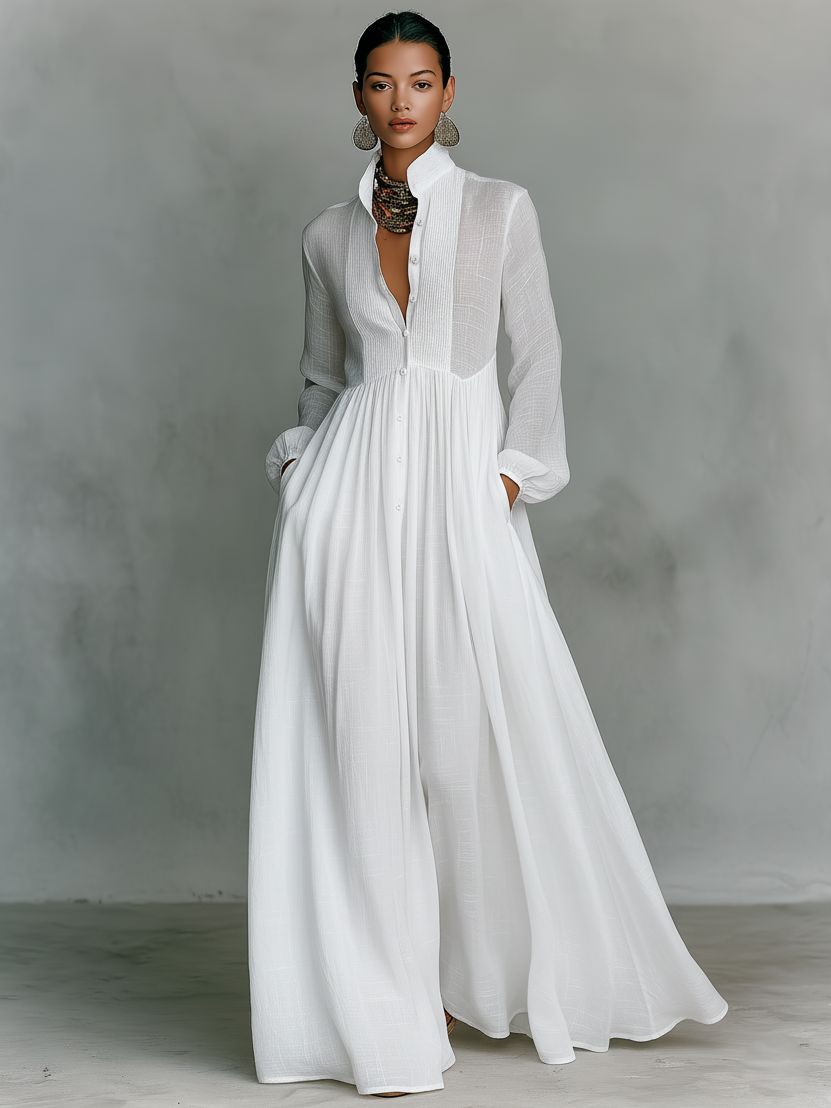 Womens Maxi Dress with Stand‑up Collar and Patchwork Details