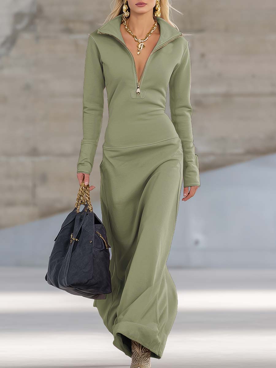 Women’s Maxi Dress with V-Neck and Front Zipper Closure