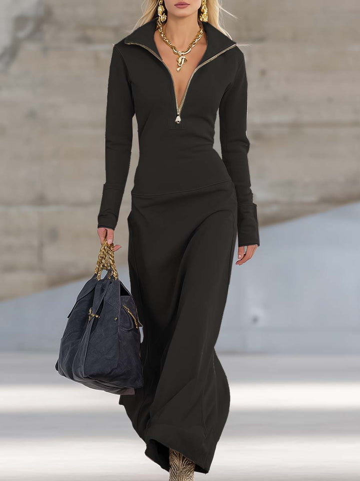 Women’s Maxi Dress with V-Neck and Front Zipper Closure