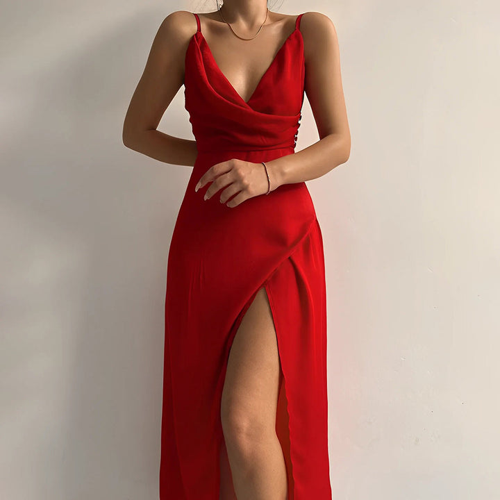 Women’s Maxi Evening Dress with Crossover Neckline and Side Slit