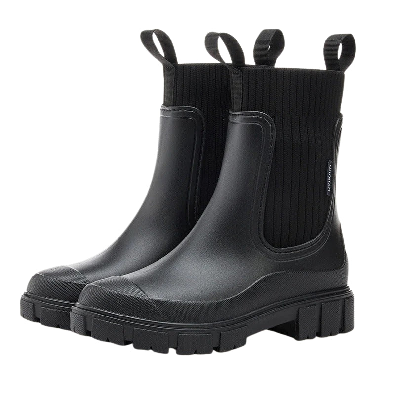 Womens Mid Calf Pull-On Boots with Chunky Sole and Elastic Side Panels