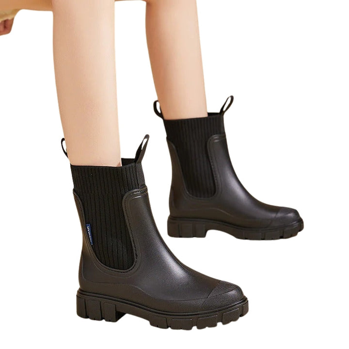 Womens Mid Calf Pull-On Boots with Chunky Sole and Elastic Side Panels
