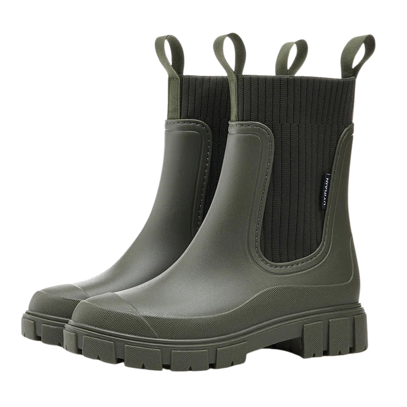 Womens Mid Calf Pull-On Boots with Chunky Sole and Elastic Side Panels
