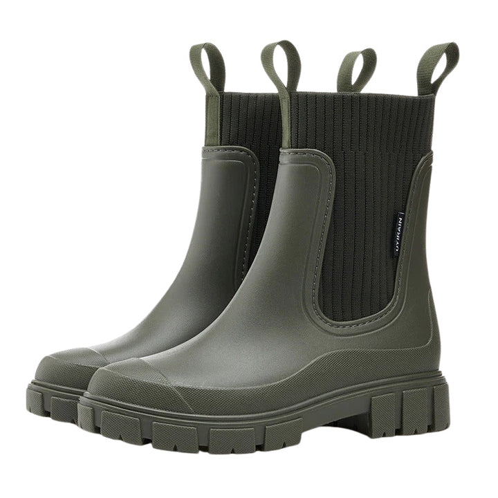 Womens Mid Calf Pull-On Boots with Chunky Sole and Elastic Side Panels