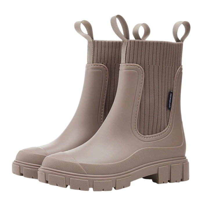 Womens Mid Calf Pull-On Boots with Chunky Sole and Elastic Side Panels