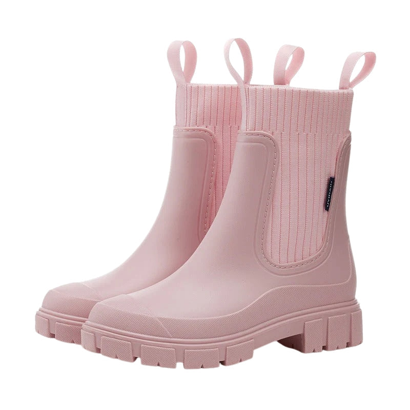 Womens Mid Calf Pull-On Boots with Chunky Sole and Elastic Side Panels
