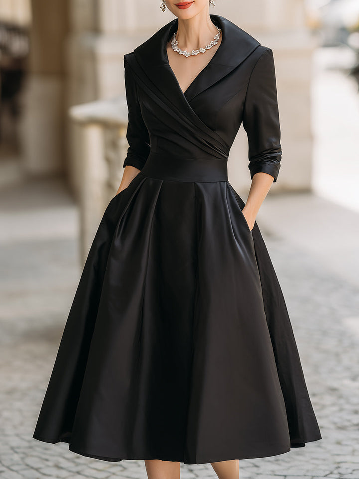 Womens Midi Dress with Draped Collar and Side Pockets