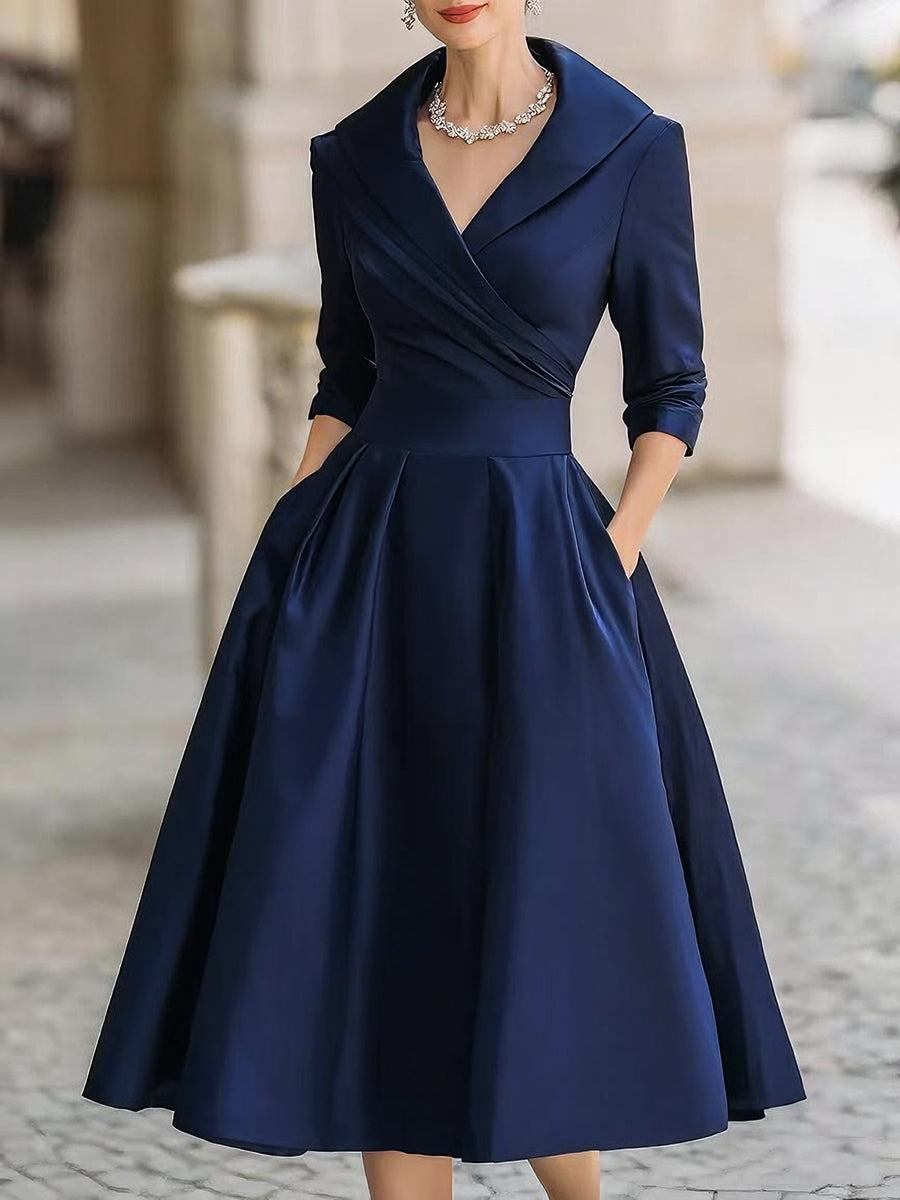 Womens Midi Dress with Draped Collar and Side Pockets