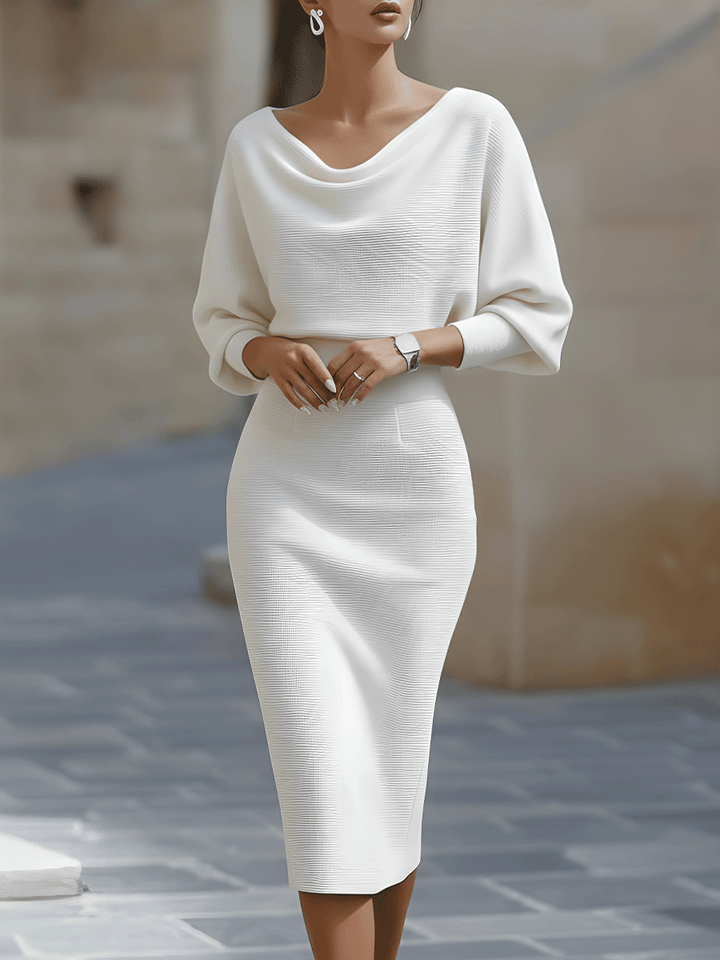 Women’s Midi Dress with Draped Cowl Neckline and Batwing Sleeves