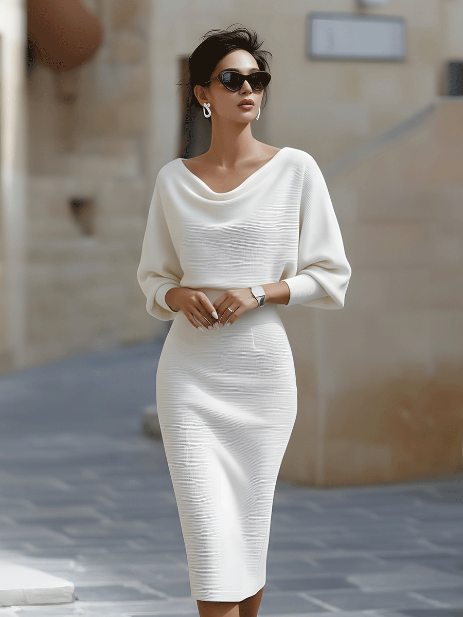 Women’s Midi Dress with Draped Cowl Neckline and Batwing Sleeves