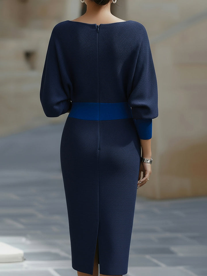 Women’s Midi Dress with Draped Cowl Neckline and Batwing Sleeves