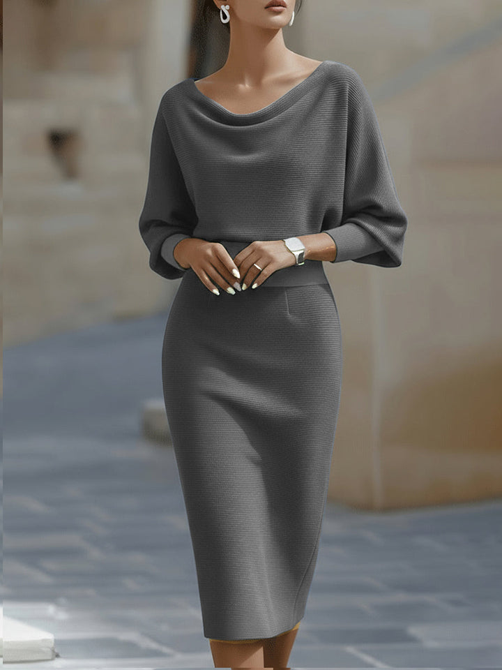 Women’s Midi Dress with Draped Cowl Neckline and Batwing Sleeves