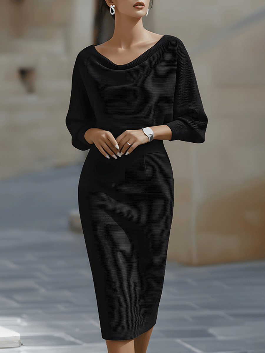Women’s Midi Dress with Draped Cowl Neckline and Batwing Sleeves