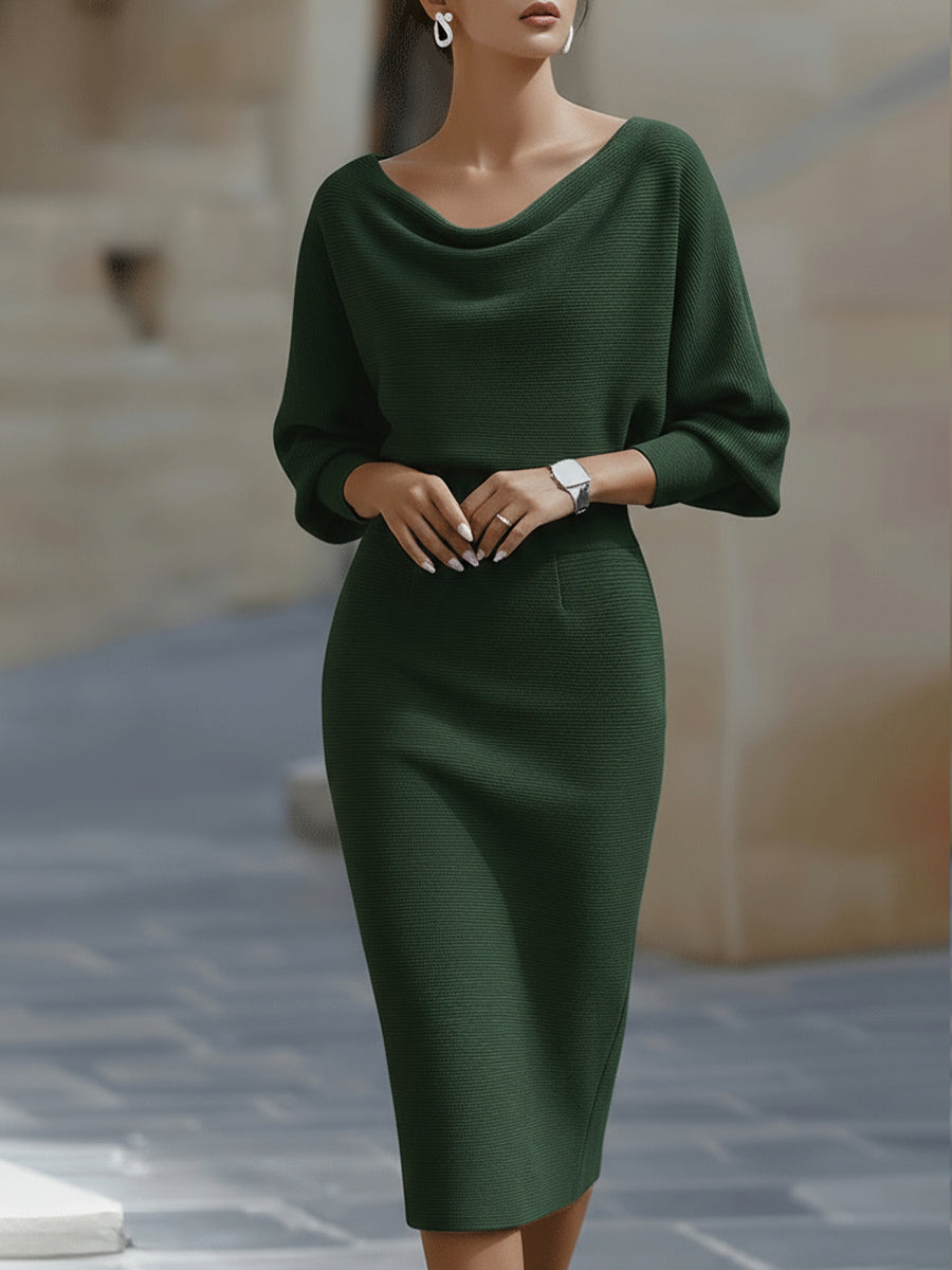 Women’s Midi Dress with Draped Cowl Neckline and Batwing Sleeves