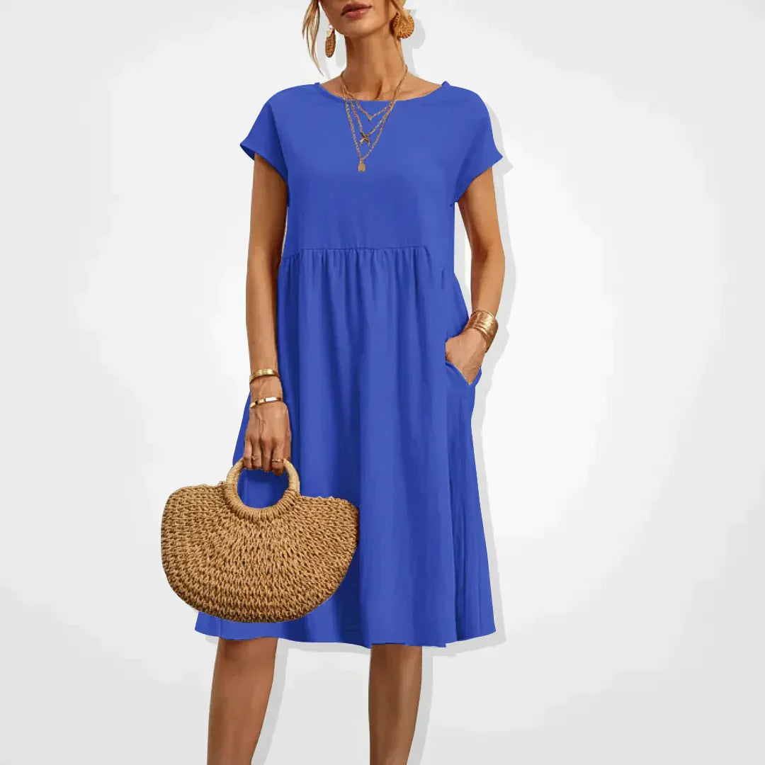 Women’s Midi Dress with Empire Waist and Side Pockets