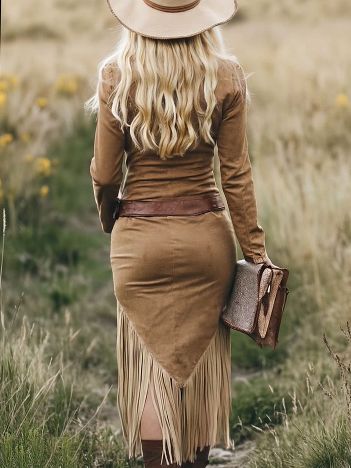 Women’s Midi Dress with Lapel Collar and Zipper Closure