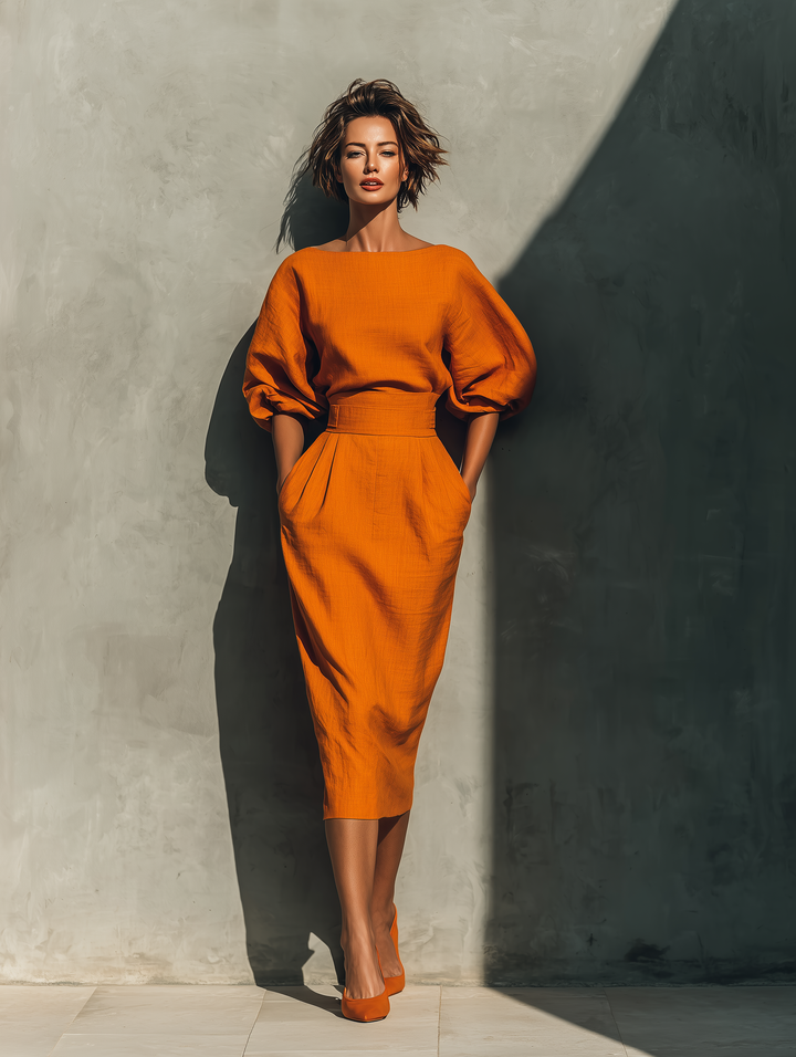 Womens Midi Skirt Set with Mid-Sleeve Top and Statement Sleeves
