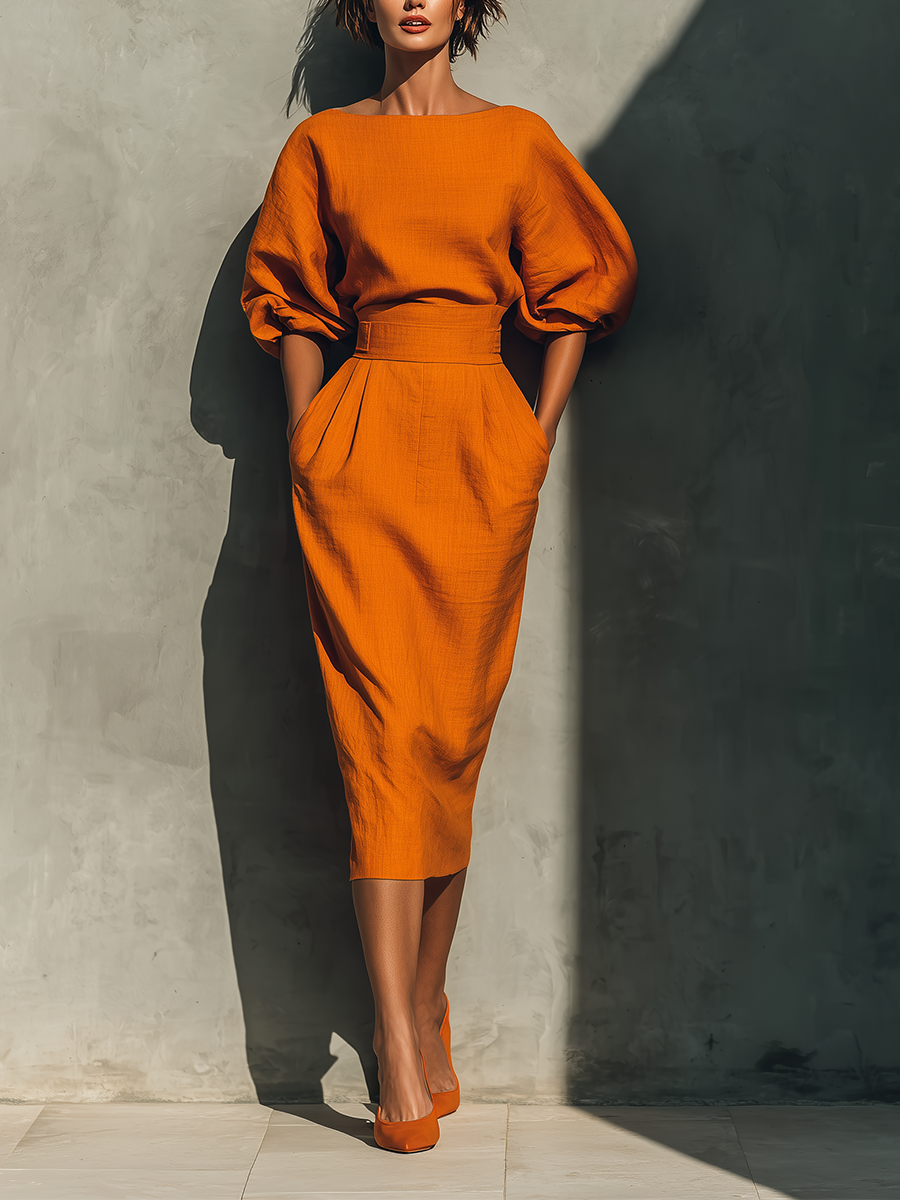 Womens Midi Skirt Set with Mid-Sleeve Top and Statement Sleeves