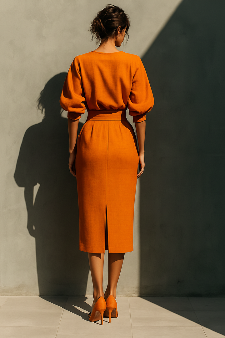Womens Midi Skirt Set with Mid-Sleeve Top and Statement Sleeves