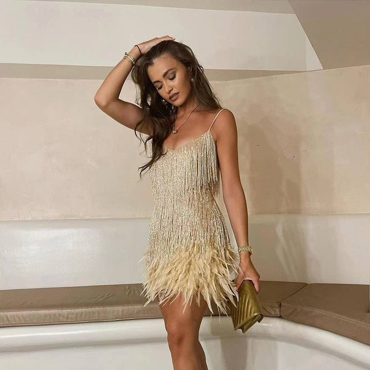 Womens Mini Dress with Sequin Detail and Feather Hem