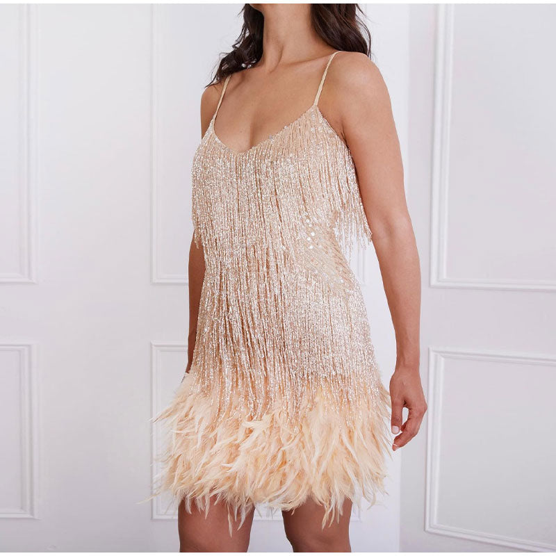 Womens Mini Dress with Sequin Detail and Feather Hem