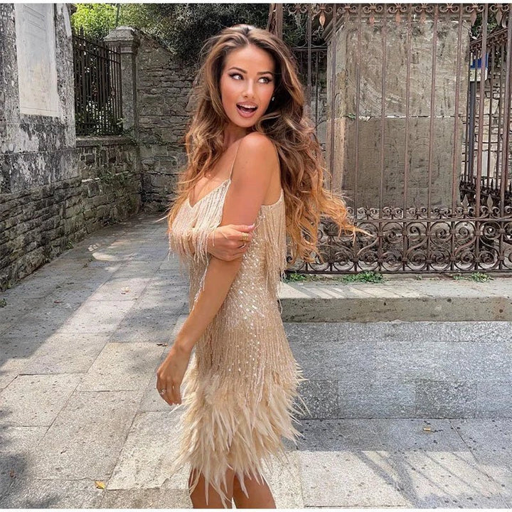 Womens Mini Dress with Sequin Detail and Feather Hem