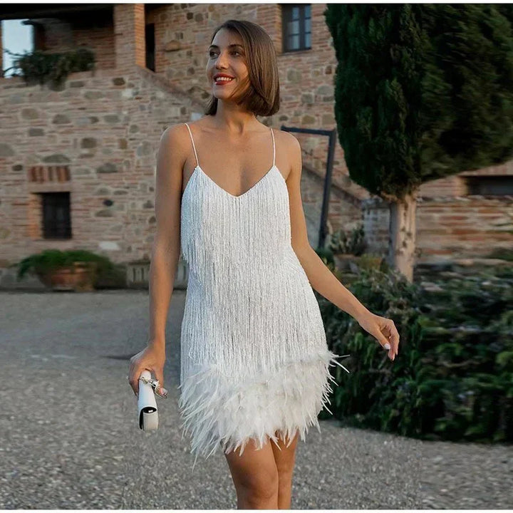 Womens Mini Dress with Sequin Detail and Feather Hem