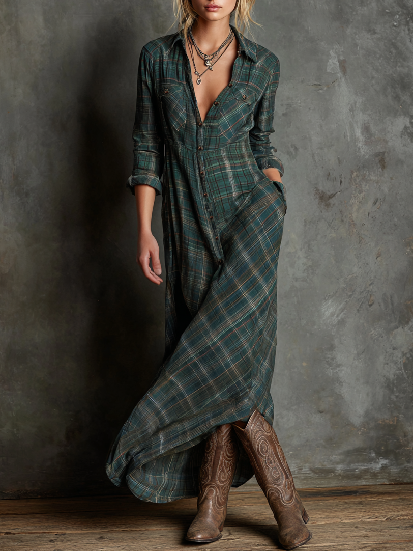 Womens Plaid Maxi Dress with Lapel Collar and Button Closure