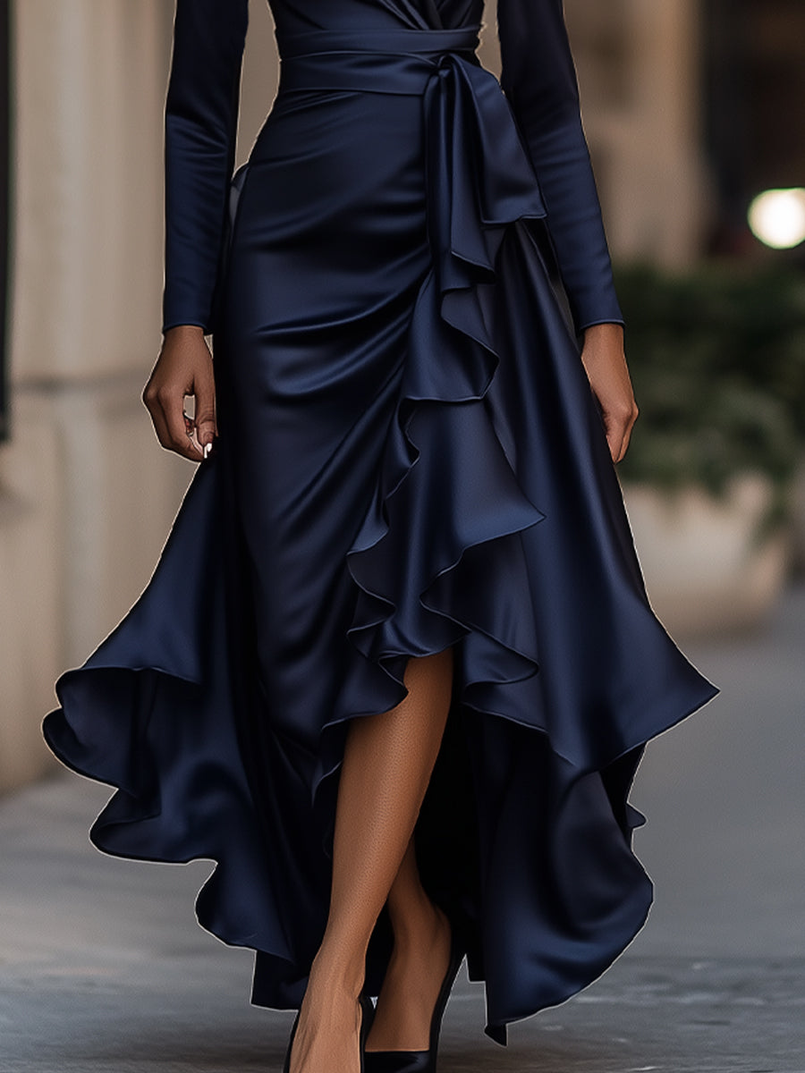 Women’s Satin Maxi Dress with V-Neckline and Ruffled Hem