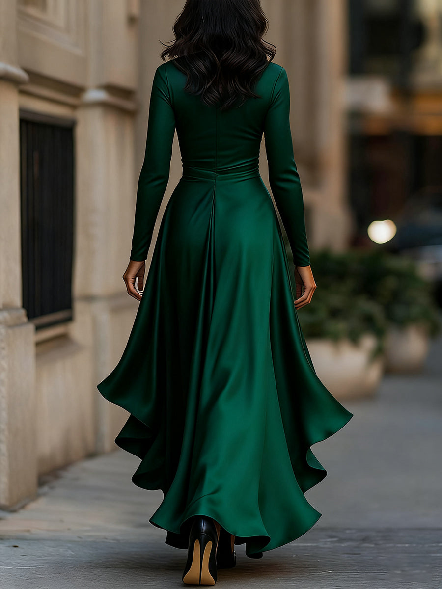 Women’s Satin Maxi Dress with V-Neckline and Ruffled Hem